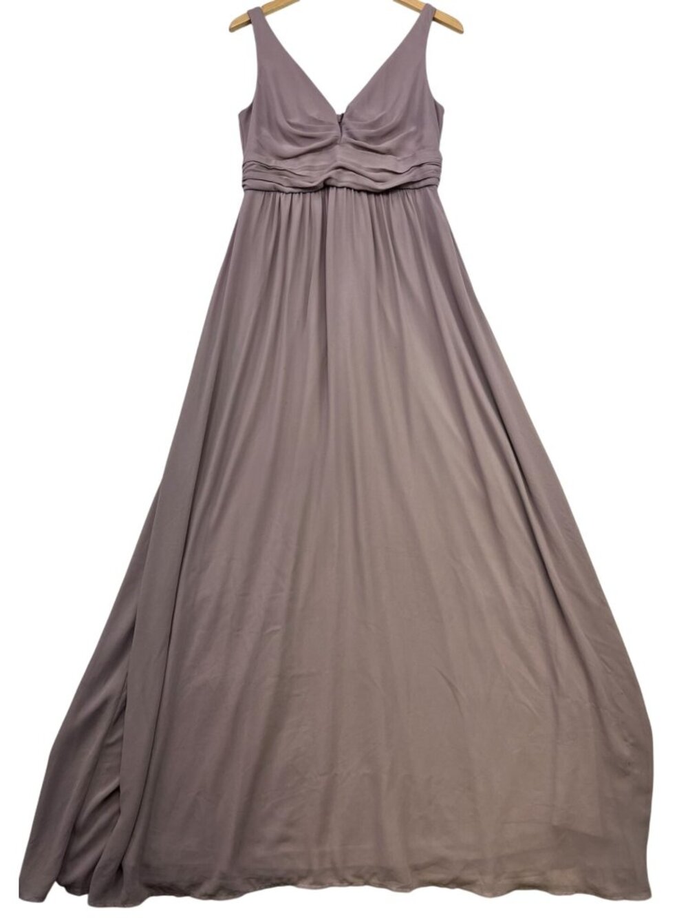 Lulus Womens Chiffon V-Neck Maxi Bridesmaid Dress Sleeveless Sz L Taupe Back Zip